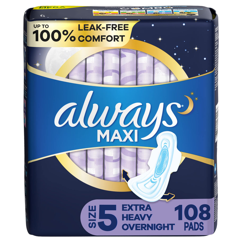 Buy now Always Maxi Feminine Pads For Women, Size 5 Extra Heavy Overnight Absorbency, With Wings, Unscented, Pack Of 20 Size 5 108 at indiglob india