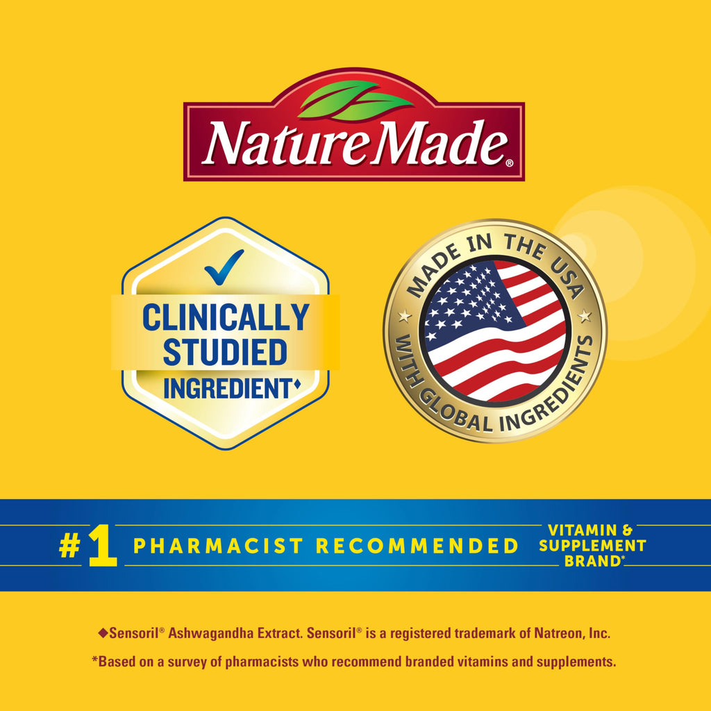 Nature Made Magnesium + Ashwagandha Capsules, 60 Capsules | Stress Relief and Sleep Support, Magnesium 300 mg and Clinically Studied Sensoril Ashwagandha Supplements, 30 Day Supply