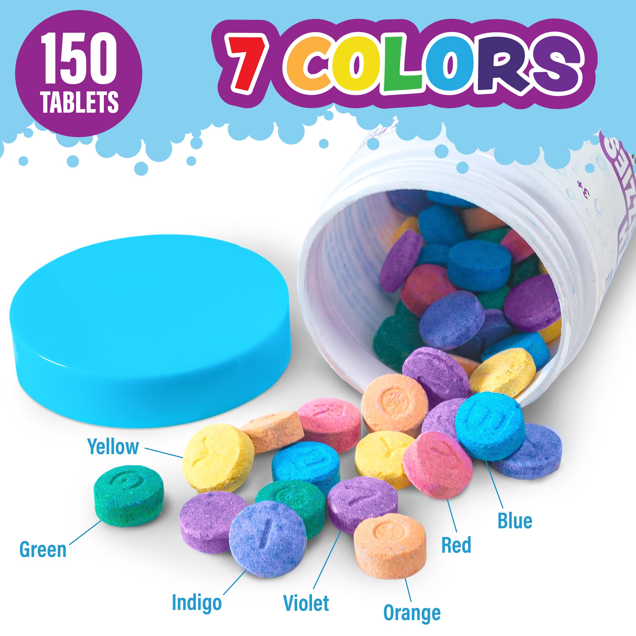Tub Works® Bath Color Fizzies, 150 Count | Nontoxic & Fragrance-Free | Fizzy, Bath Color Tablets for Kids | Create Colorful Water Water Tablets in 7 Colors for Variety | Bath Bombs for Kids Bathtub