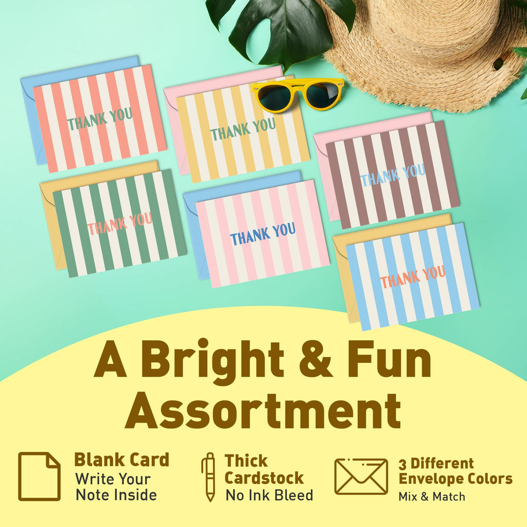 S&O Summer Stripes Thank You Cards – Set of 24 Blank Cards with Envelopes – 6 Colorful Designs (4 of Each) – 4x5.5" Flat Note Cards – Pastel Pink, Blue & Yellow Envelopes – Thick Paper