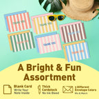 S&O Summer Stripes Thank You Cards – Set of 24 Blank Cards with Envelopes – 6 Colorful Designs (4 of Each) – 4x5.5" Flat Note Cards – Pastel Pink, Blue & Yellow Envelopes – Thick Paper