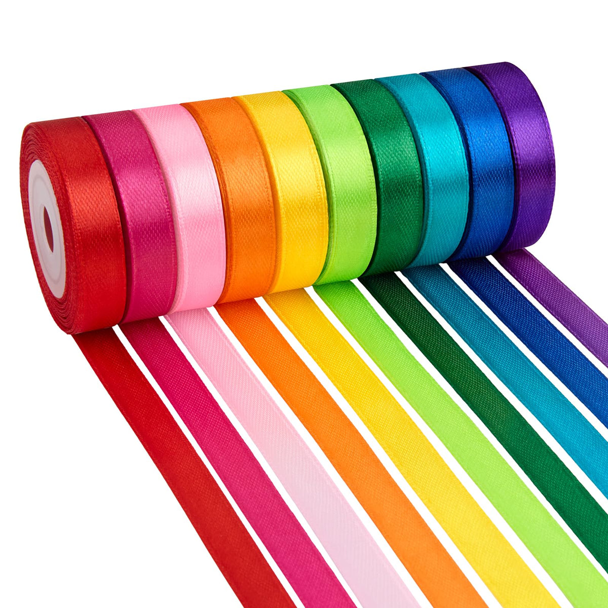 Rainbow Satin Ribbon, 3/8 Inch x 10 Rolls, 100 Yards Total