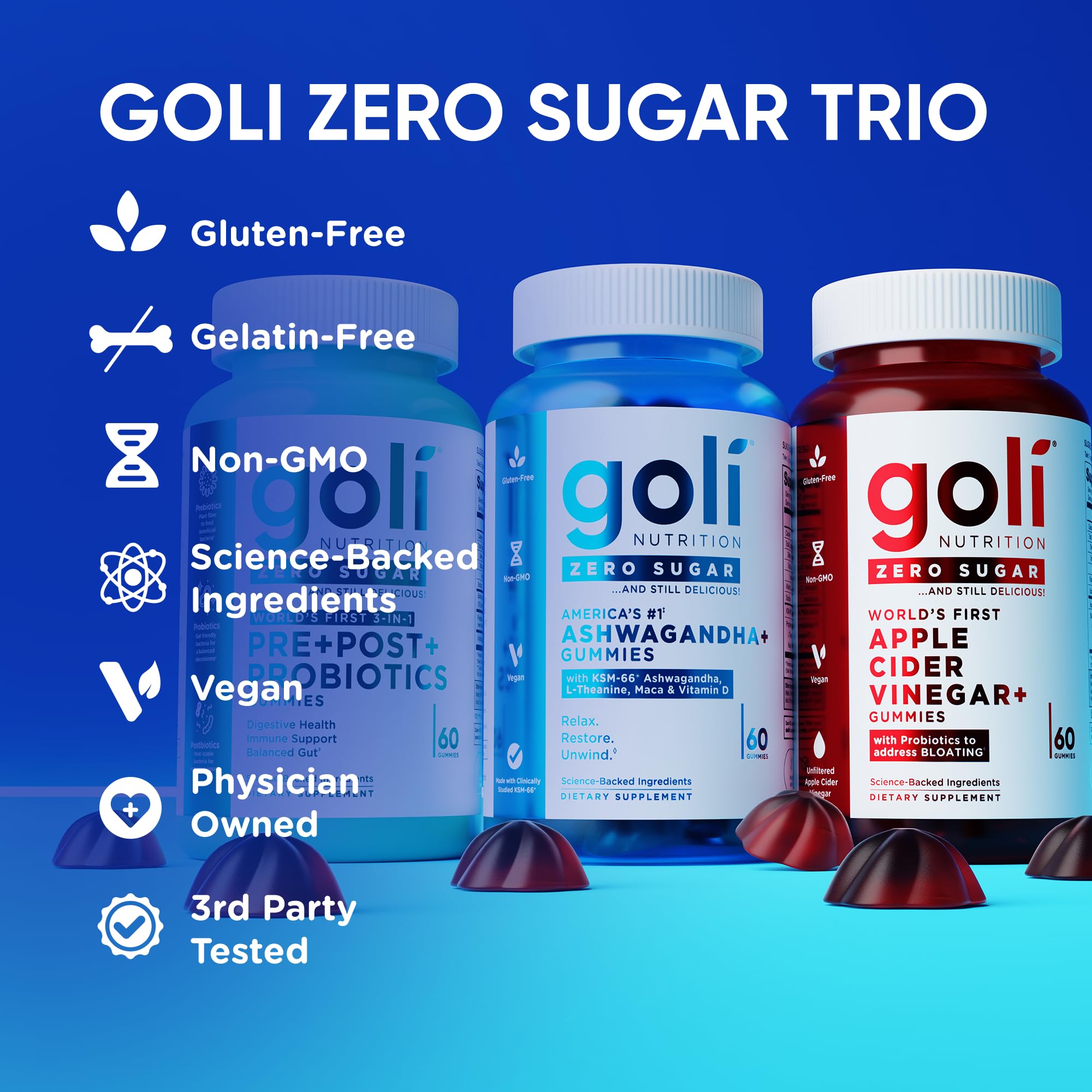 Goli Zero Sugar Trio - World's First 3-in-1 Pre, Post, Probiotic, Apple Cider Vinegar with Vitamin B12 and Probiotics, Ashwagandha & L-Theanine, Vitamin D Gummies, 90 Count (3-Bottle Set)