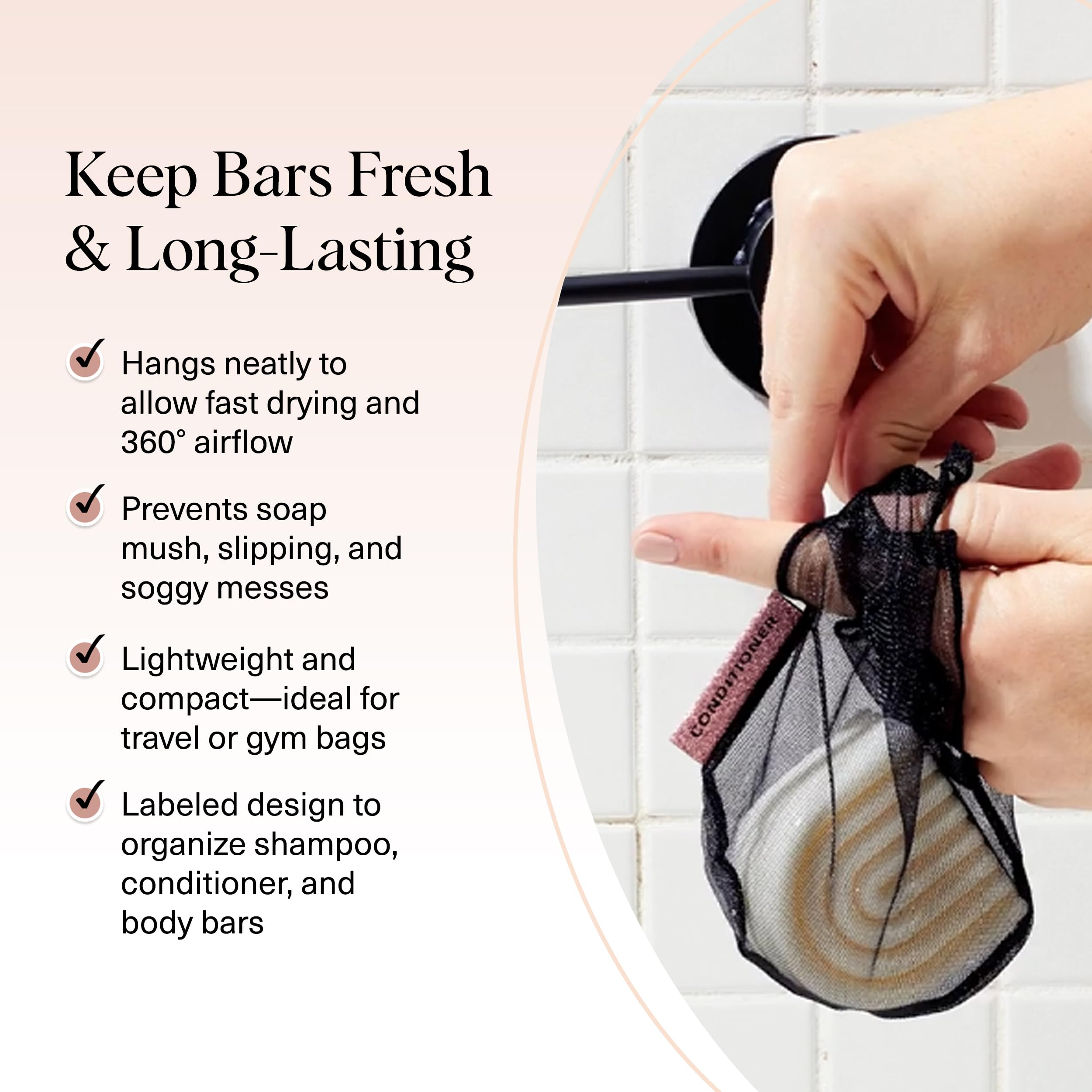 Buy now Kitsch Bar Soap Saver Bag – Patented Mesh Bag Soap Holder for Shampoo and Conditioner Bars - Extends Use & Prevents Soggy Mess - Recycled Mesh Beauty Pouch, Eco-Friendly – Black at indiglob india