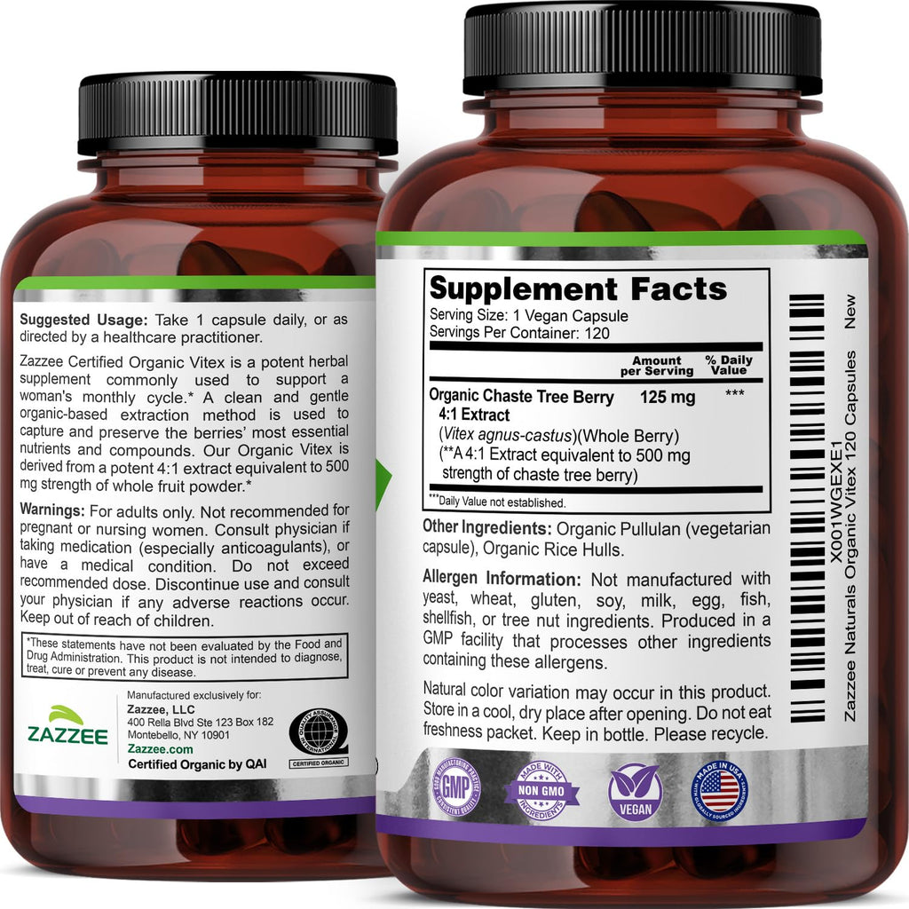 Zazzee USDA Organic Vitex Chasteberry, 120 Vegan Capsules, 4 Month Supply