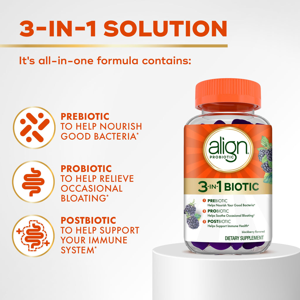 Align Probiotic, 3-in-1 Biotic Gummies, Prebiotic + Probiotic + Postbiotic, #1 Doctor Recommended Probiotic Brand‡, Helps Relieve Occasional Bloating*, BlackBerry Flavor, 50 Gummies