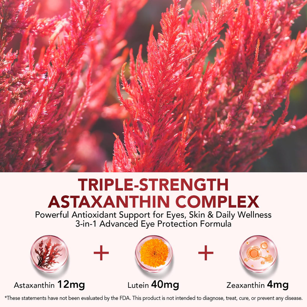 Astaxanthin 12mg & Lutein 40mg with Zeaxanthin Supplements, Fresh Microalgae Source, Supports Eye, Skin, Antioxidant, Joint, Circulatory Health, Gluten Free, 4 Month Supply | 120 Softgels