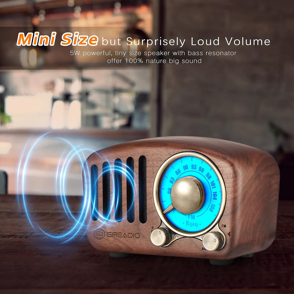 Buy now Vintage Greadio Walnut Wood Bluetooth Speaker Radio - Retro Style, Bass Enhancement, Loud Volume, Bluetooth 5.0, MP3 & FM Radio at indiglob india