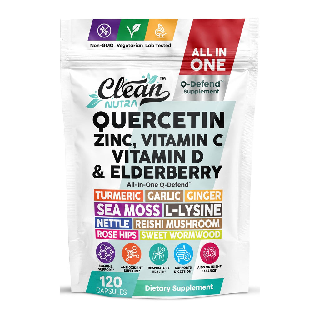 Q Defend Quercetin Supplement with Zinc Vitamin C Vitamin D Elderberry Turmeric Black Pepper Garlic Ginger Sea Moss Lysine Stinging Nettle Reishi Mushroom Immune Support 120 Capsules by Clean Nutra