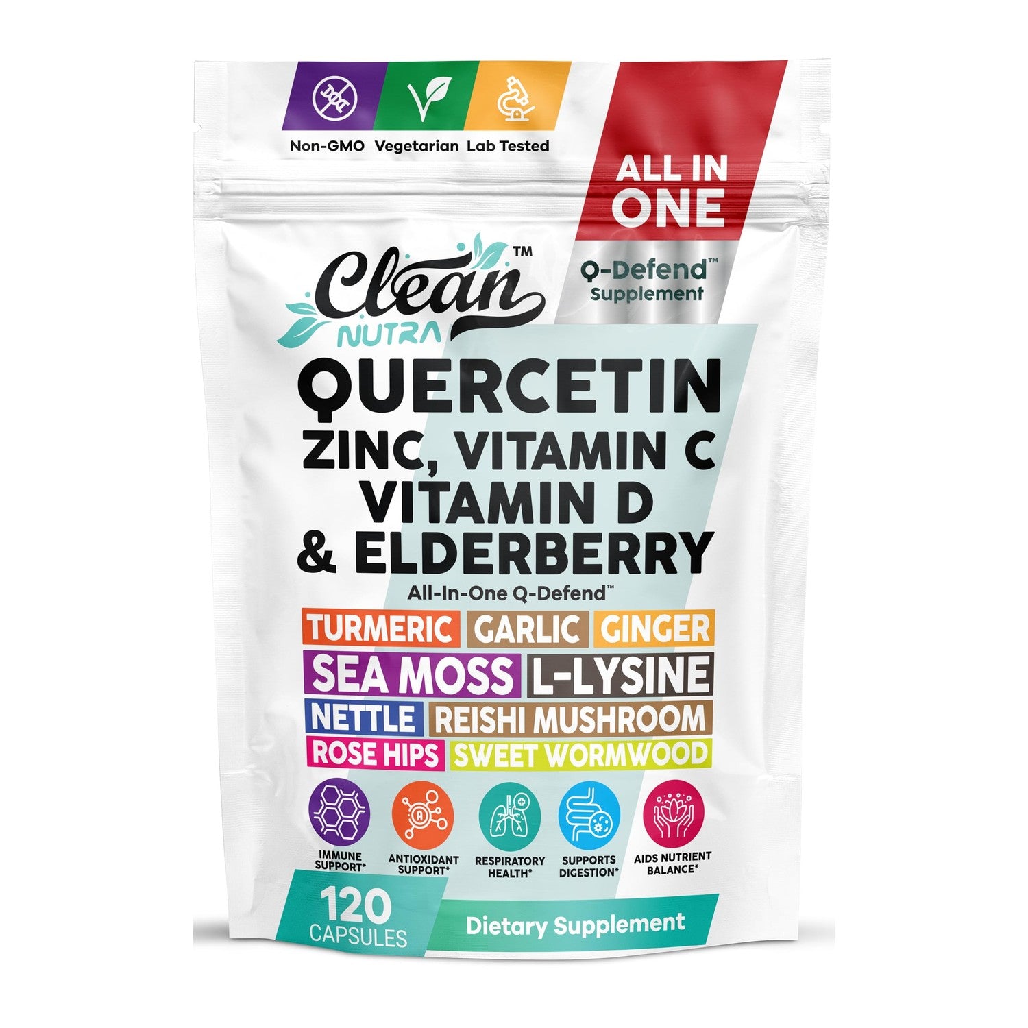 Q Defend Quercetin Supplement with Zinc Vitamin C Vitamin D Elderberry Turmeric Black Pepper Garlic Ginger Sea Moss Lysine Stinging Nettle Reishi Mushroom Immune Support 120 Capsules by Clean Nutra