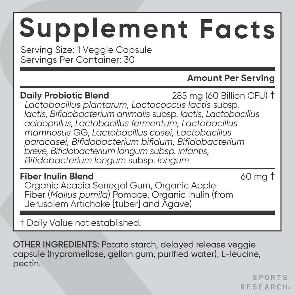Sports Research® Daily Probiotics 60 Billion CFU w/Prebiotics, 30 Count | 12 Lacto & Bifido Strains for Gut & Digestive Support - Vegan, Non-GMO & Gluten Free
