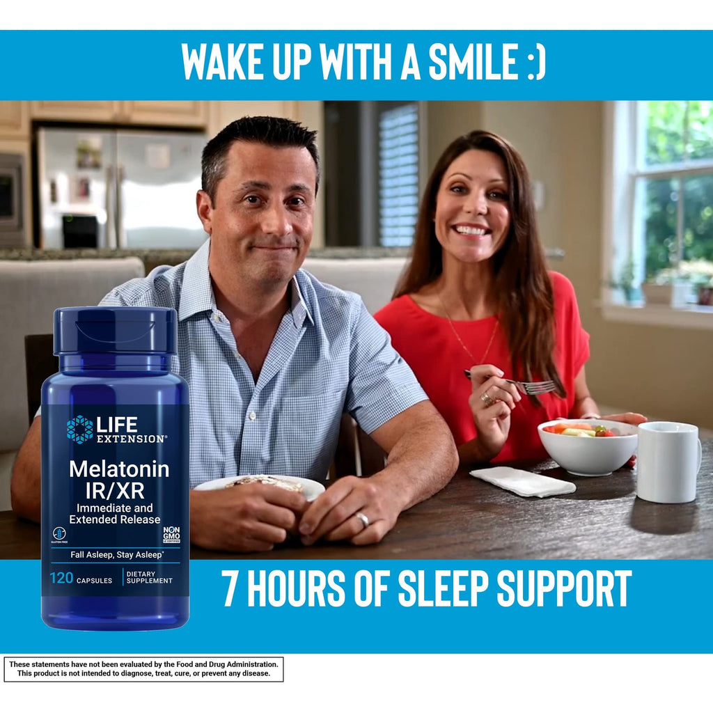 Life Extension Melatonin IR/XR 120 Capsules - Immediate & 7 Hour Extended-Release - Night Time Supplement - Supports Staying Asleep - Non-GMO, Gluten-Free
