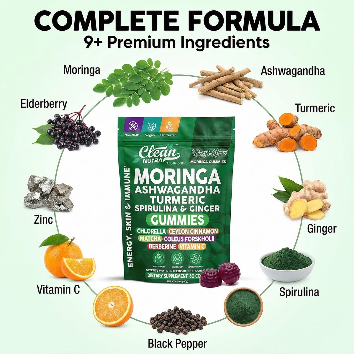 Clean Nutra Moringa Gummies | Pure Moringa Powder Supplement + Ashwagandha Turmeric Spirulina & Ginger Energy, Skin, Immune & Gut Health Green Superfood - Moringa Capsules Alternative