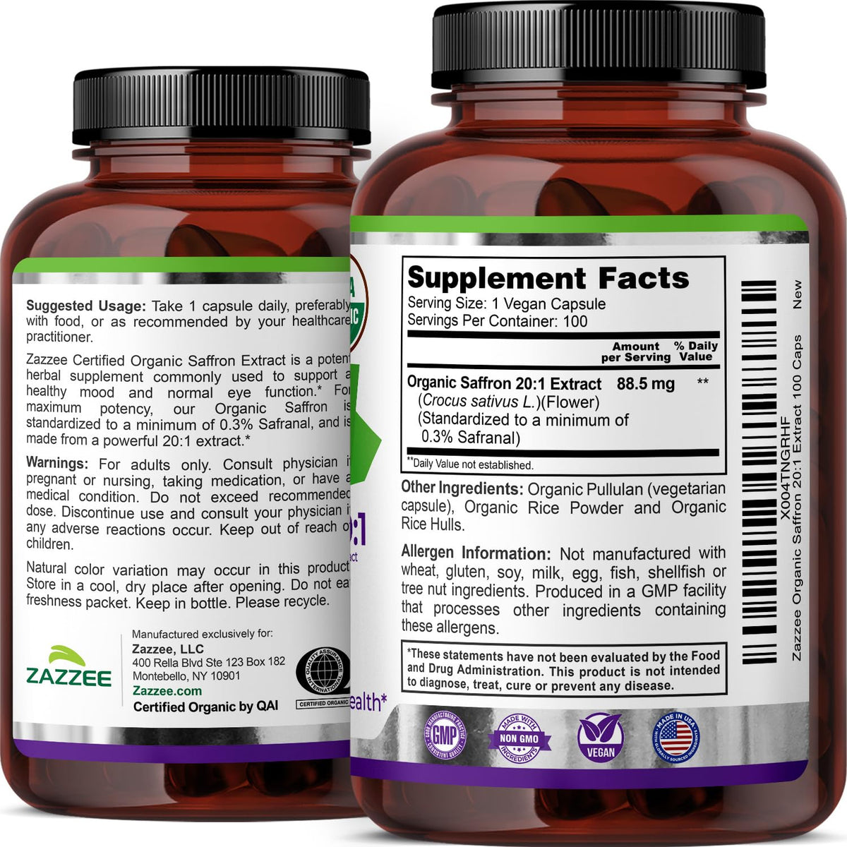 Zazzee USDA Organic Saffron 20:1 Extract, 88.5 mg, 0.3% Safranal, Vegan