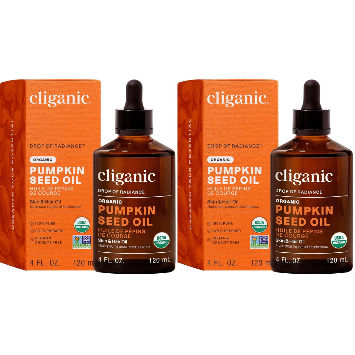 Cliganic Organic Pumpkin Seed Oil, 100% Pure - For Hair & Face | Natural Cold Pressed Unrefined (Pack of 2)