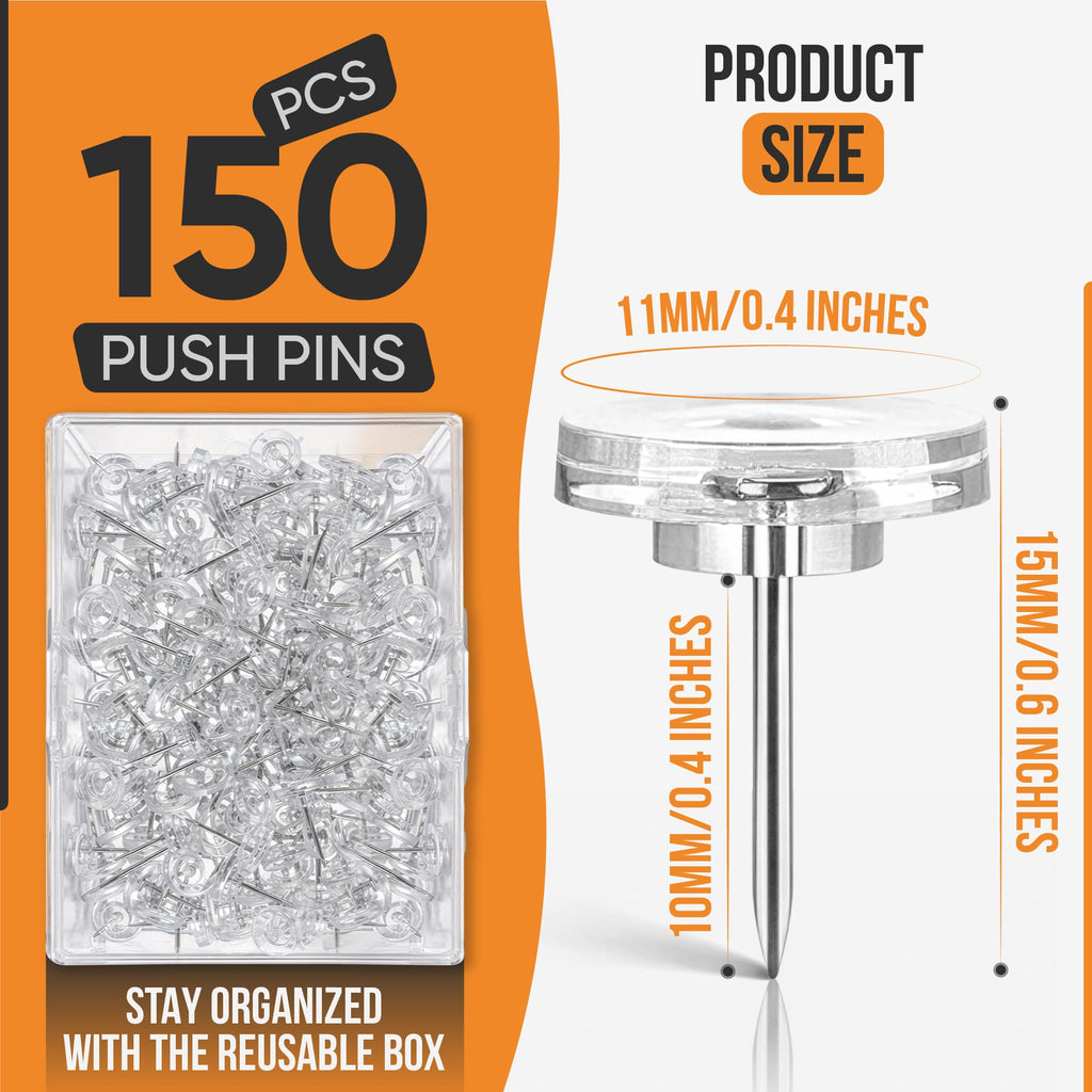 150 Count Clear Thumb Tacks for Wall, Flat Head Push Pins in Reusable Box