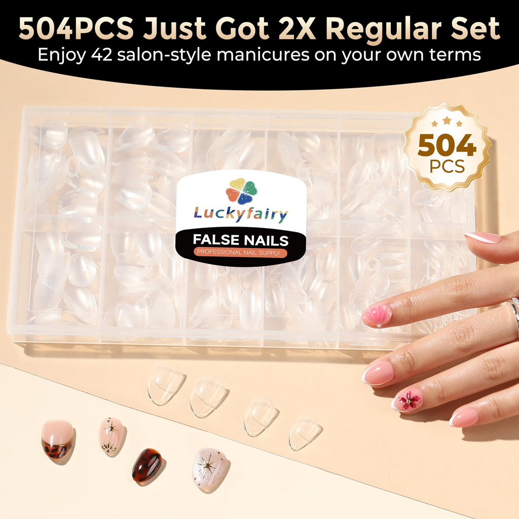 Luckyfairy Extra Short Almond Nail Tips 504pcs Soft Gel Short Nails 12 Size | Pre-Shaped Clear Press On Almond Nails, Half Matte Full Cover Short Nail Tips Acrylic, Natural Almond Shape, Nail Art DIY