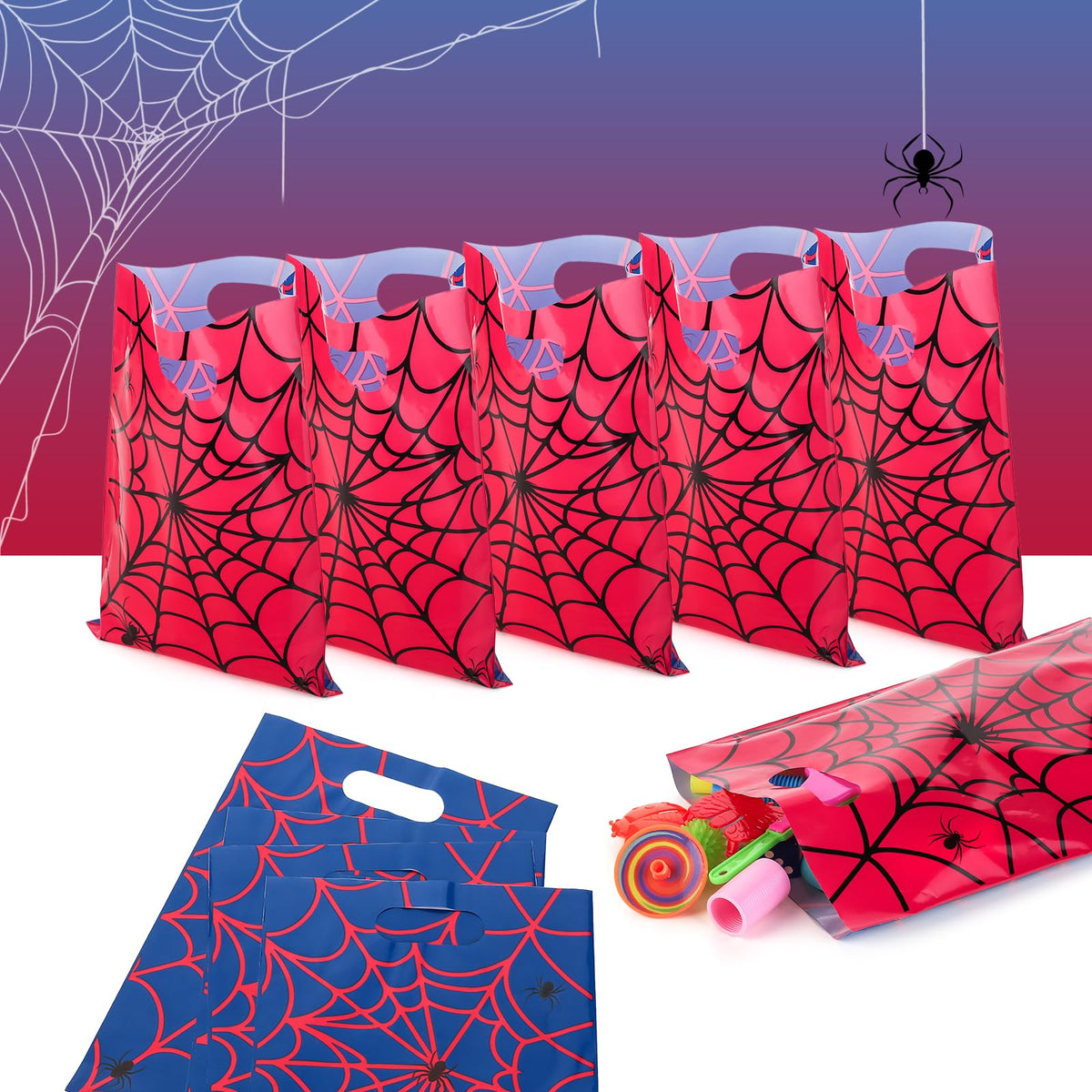 PintreeLand 40 PCS Spider Web Party Favor Bags, Red and Blue Goodie Candy Bags for Birthday