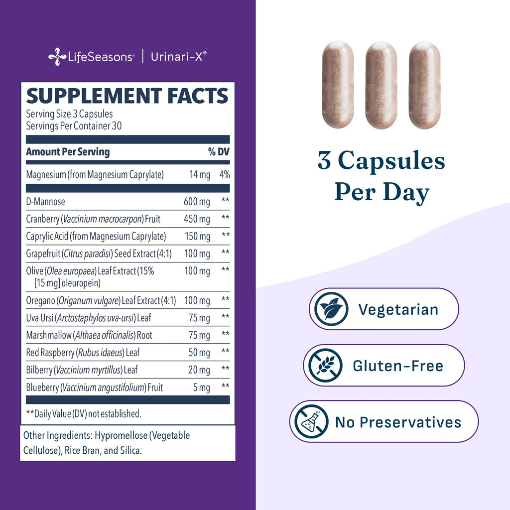 Urinari-X - Urinary Tract Support - Fast Acting UTI Relief - Vitamin Supplement for Healthy Bladder Function & Immunity - D-Mannose, Cranberry, Caprylic Acid, Uva Ursi & Grapefruit - 180 Capsules