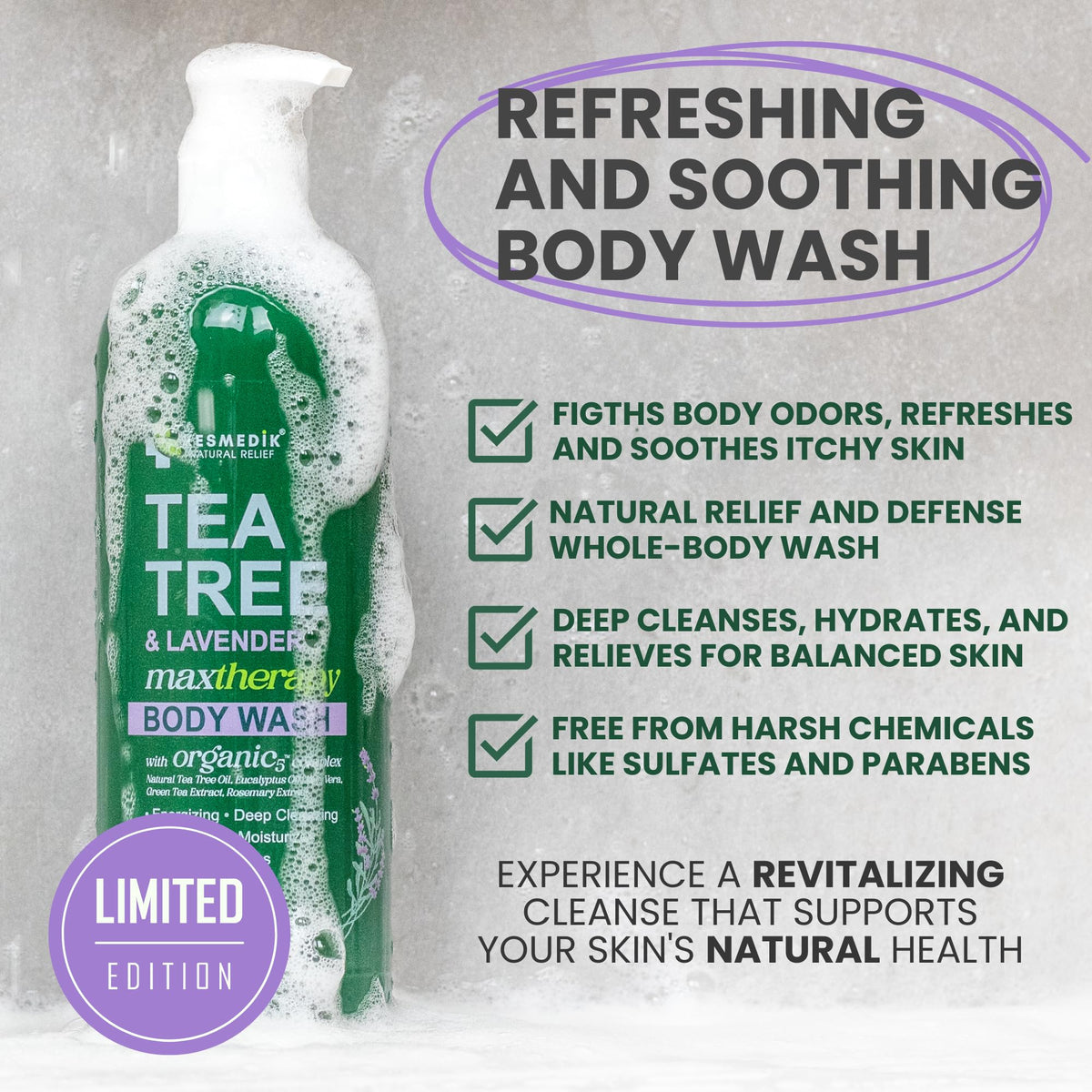 KESMEDIK Tea Tree Oil & Lavender Body Wash MaxTherapy for Skin, 2-Pack