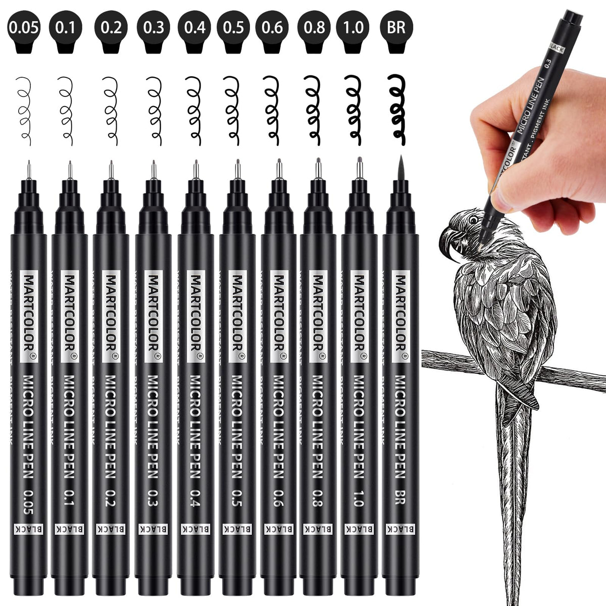 MARTCOLOR Micro Pen Fineliner Pens, 10 Size Black Archival Ink Pens