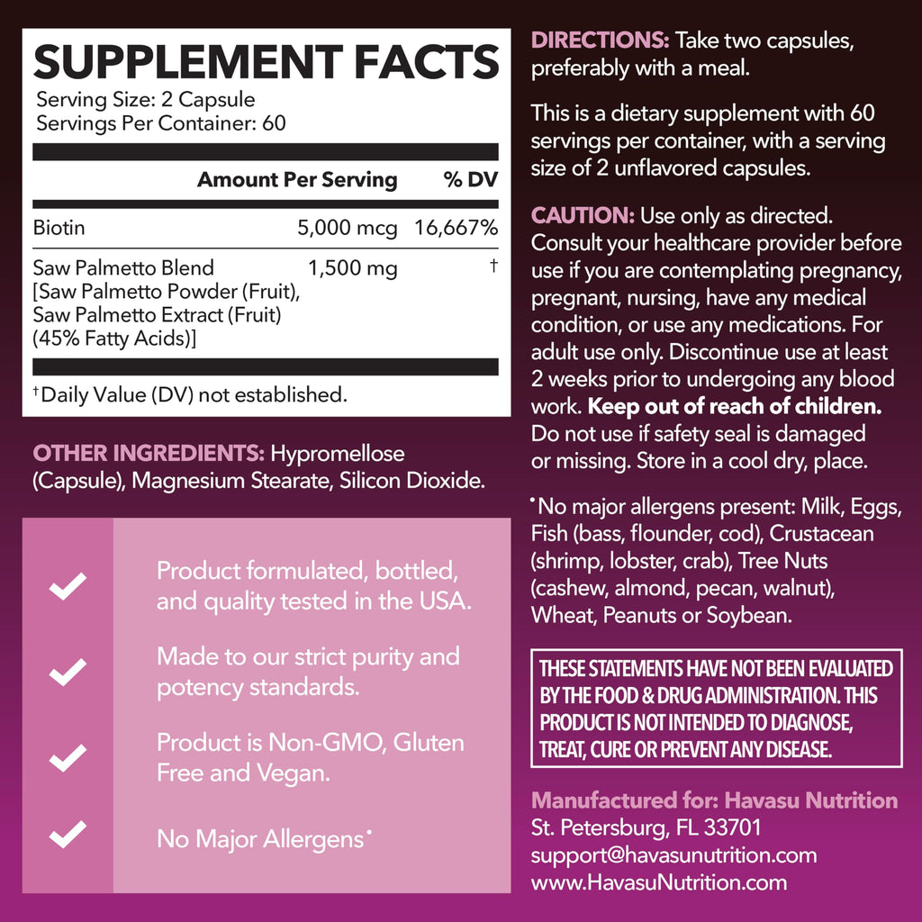 Saw Palmetto for Women with Bitoin 5000mcg Per Serving, 60-Day Supply | Vegan, Non-GMO DHT Blocker for Women for Hair, Skin and Nails, Saw Palmetto Extract with Biotin for Thicker Looking Hair