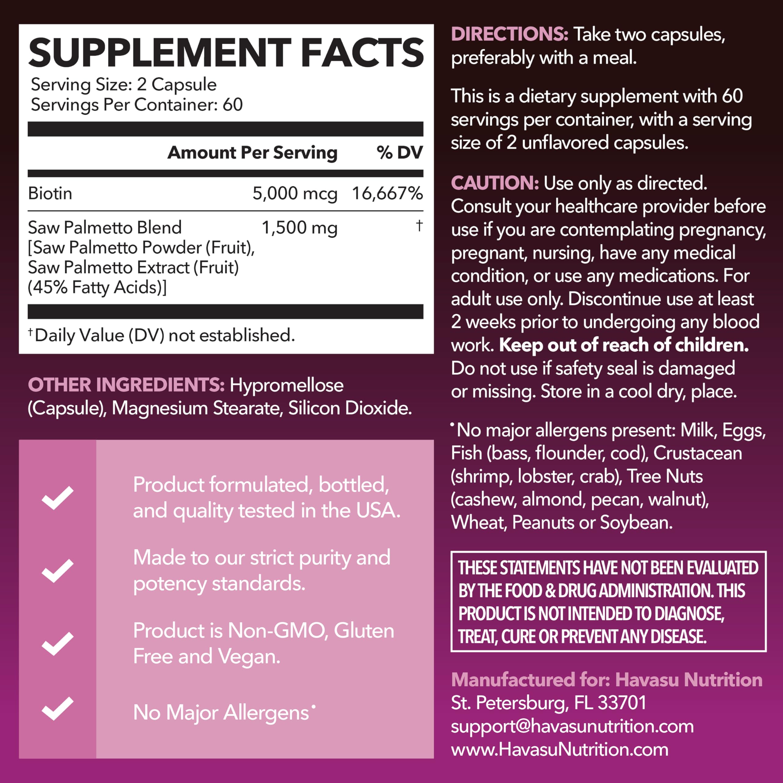 Saw Palmetto for Women with Bitoin 5000mcg Per Serving, 60-Day Supply | Vegan, Non-GMO DHT Blocker for Women for Hair, Skin and Nails, Saw Palmetto Extract with Biotin for Thicker Looking Hair