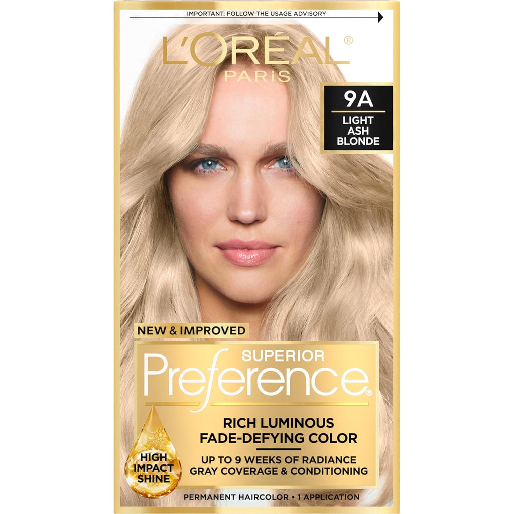 Buy now L'Oreal Paris Superior Preference Luminous Fade-Defying Permanent Hair Color, Hair Dye For Up to 9 Weeks of Radiance, Light Ash Blonde 9A, 1 Hair Dye Kit at indiglob india