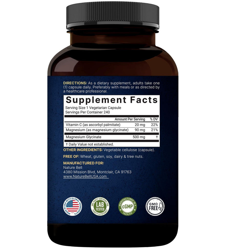 NatureBell Pure Magnesium Glycinate 500mg Per Serving, 240 Veggie Capsules | 100% Chelated & Purified Magnesium Supplement for Women & Men. 3rd Party Tested, Vegan Friendly, Non-GMO, Filler Free.