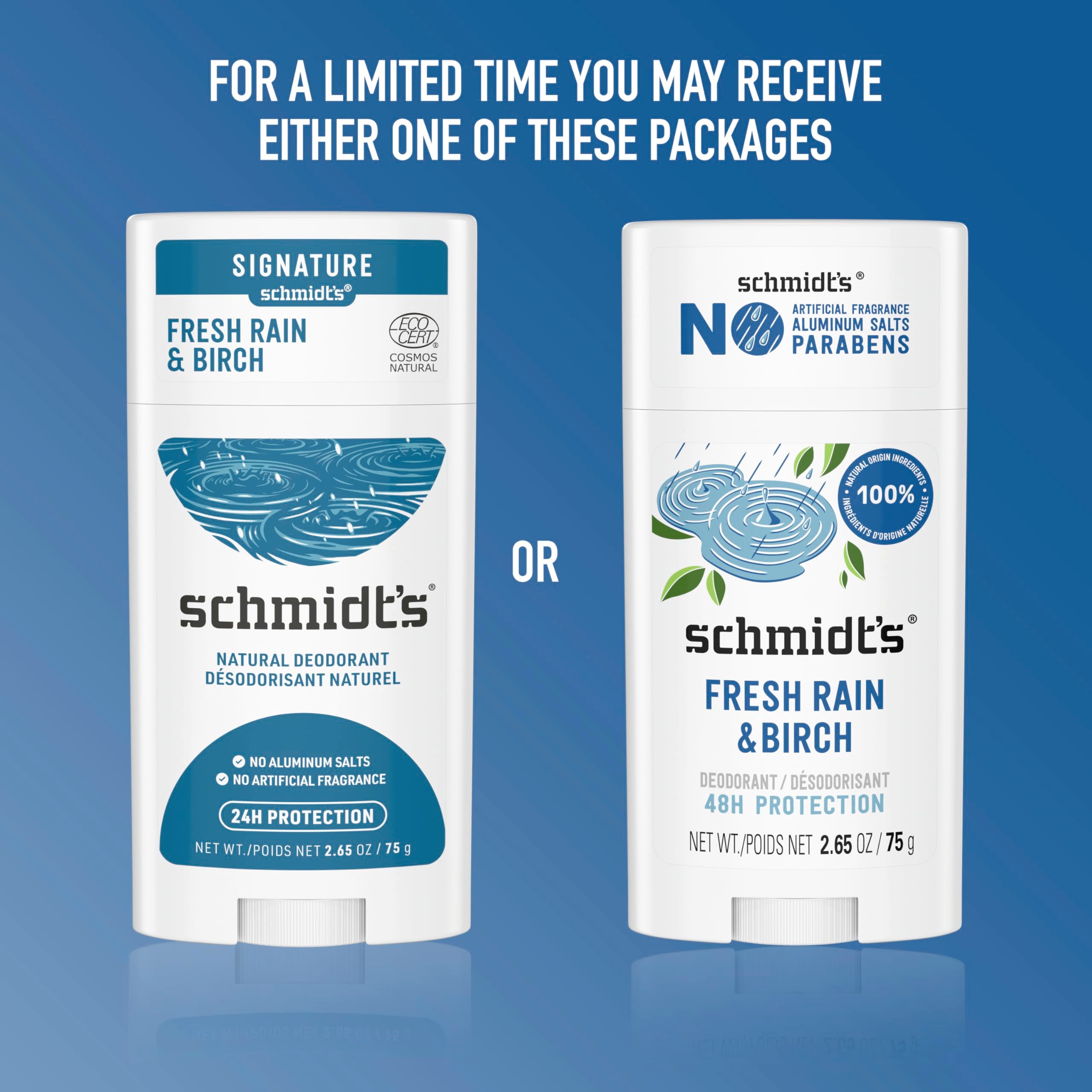 Schmidt's Aluminum-Free Vegan Deodorant Fresh Rain & Birch with 24 Hour Odor Protection, for Women and Men, Natural Ingredients, Cruelty-Free, 2.65 oz