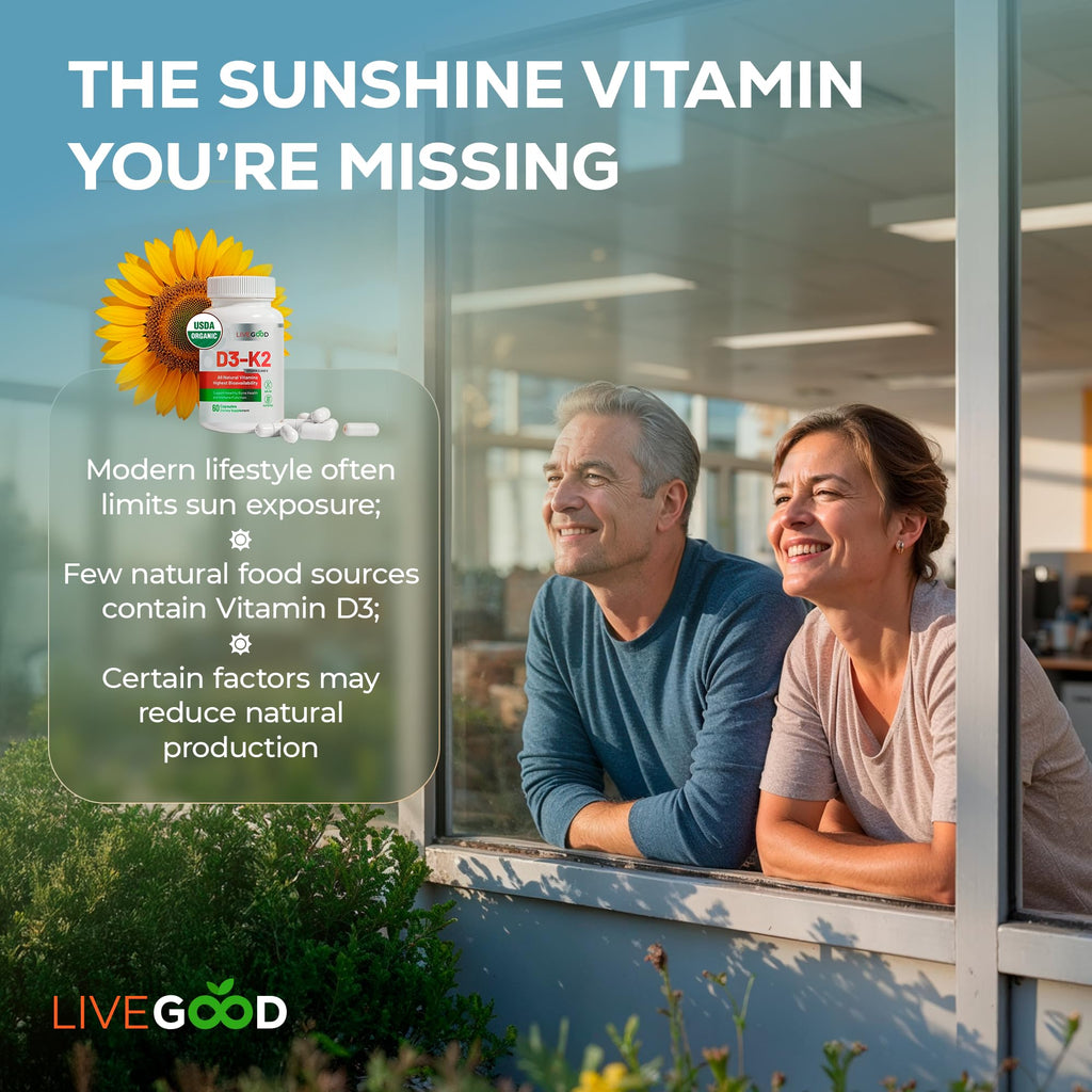 LiveGood Vitamin D3 K2 2000 IU, Organic Vegan D3 K2 Supplement with MK-7