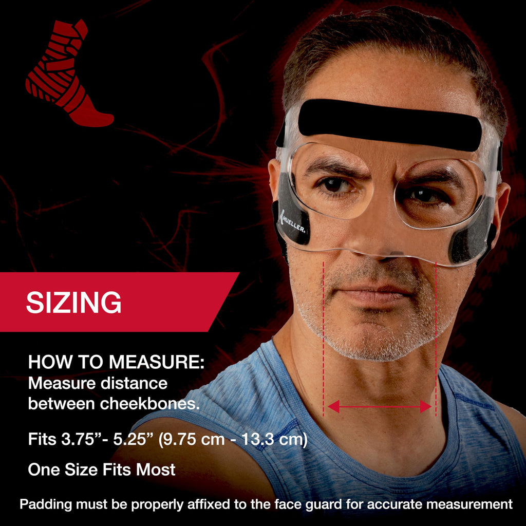 Buy now MUELLER Sports Medicine Face Mask for Men & Women, Adjustable Clear Face Guard, Nose & Cheek Protection for Basketball & Cosmetic Procedures, Shatterproof with Foam Padding, One Size at indiglob india