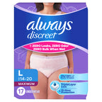 Always Discreet Adult Diapers for Women, Incontinence Underwear, Postpartum Essentials, Disposable Briefs, Max Absorbency, Bladder Leak Protection, Large, 17ct