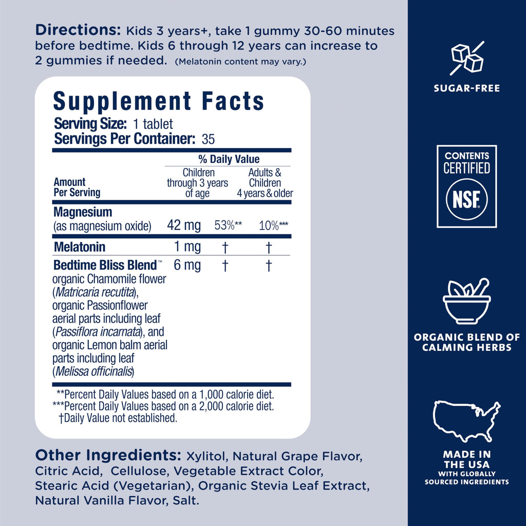 Mommy's Bliss Kids Sleep Support Melatonin Chewable, Grape Flavor, 35 Ct | Tablets; Calming Herbs; Sugar Free Kids Melatonin, Age 3+; 35 Count (Pack of 1)