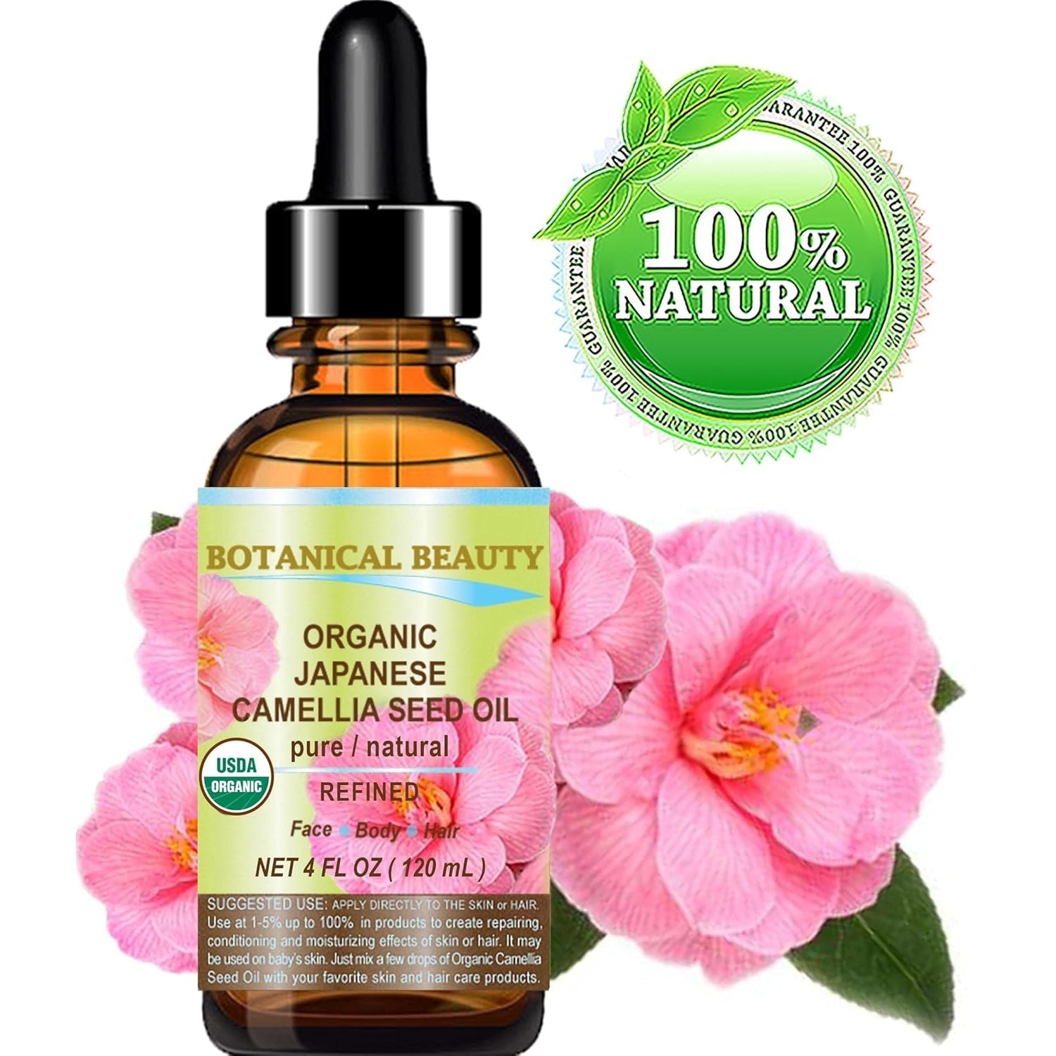 Buy now Botanical Beauty Japanese ORGANIC CAMELLIA Seed Oil. 100% Pure Natural Undiluted Refined Cold Pressed Carrier Oil to revitalize and rejuvenate the hair, skin and nails. 4 Fl. oz 120 ml at indiglob india