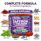 AuraZen Mood Support Saffron Gummies L-Theanine Ashwagandha Rhodiola St John's Wort Lions Mane GABA Vitamin D Magnesium Supplement | Calm Vegan Plant-Based Herbal Gummy By Clean Nutra