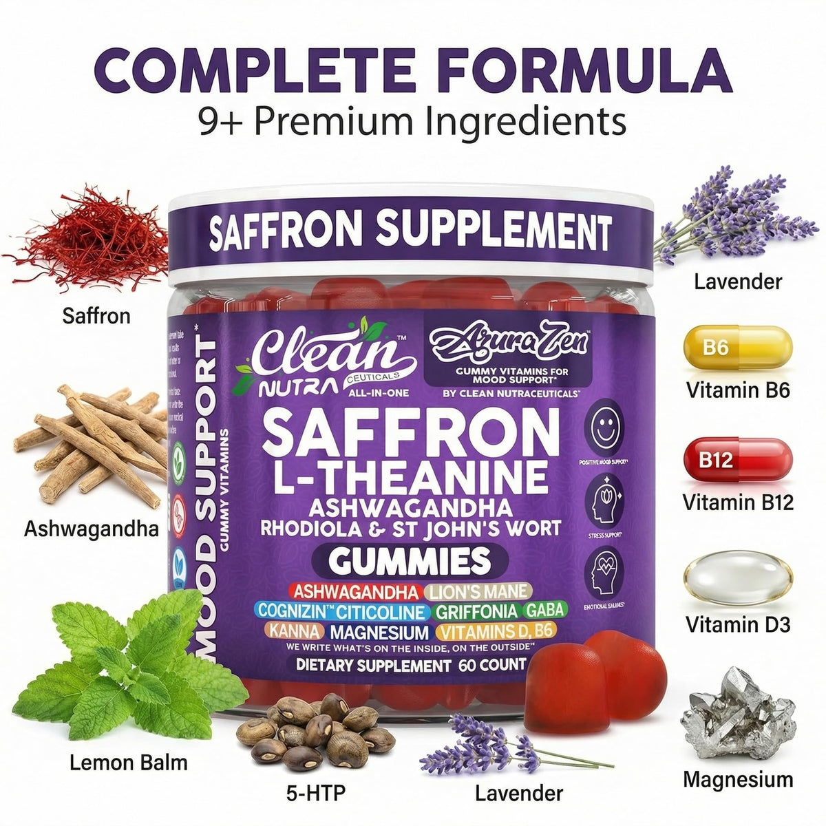 AuraZen Mood Support Saffron Gummies L-Theanine Ashwagandha Rhodiola St John's Wort Lions Mane GABA Vitamin D Magnesium Supplement | Calm Vegan Plant-Based Herbal Gummy By Clean Nutra