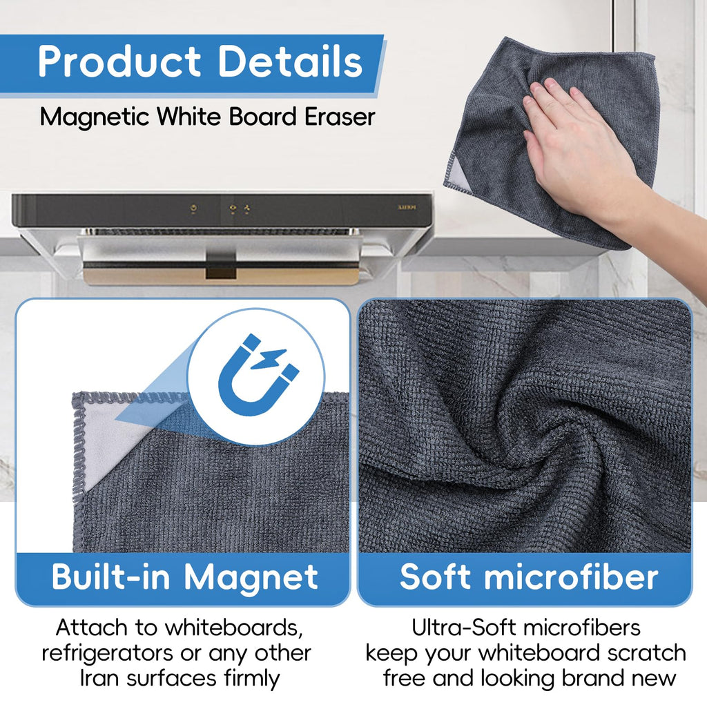 GoClimber 4 Pack Magnetic Microfiber Cleaning Cloth, Dry Erase Erasers Cleaner for Whiteboards, Blackboards, Chalkboards, Glassboards, Home, Office, School, Gray, 10'' x 9.25''