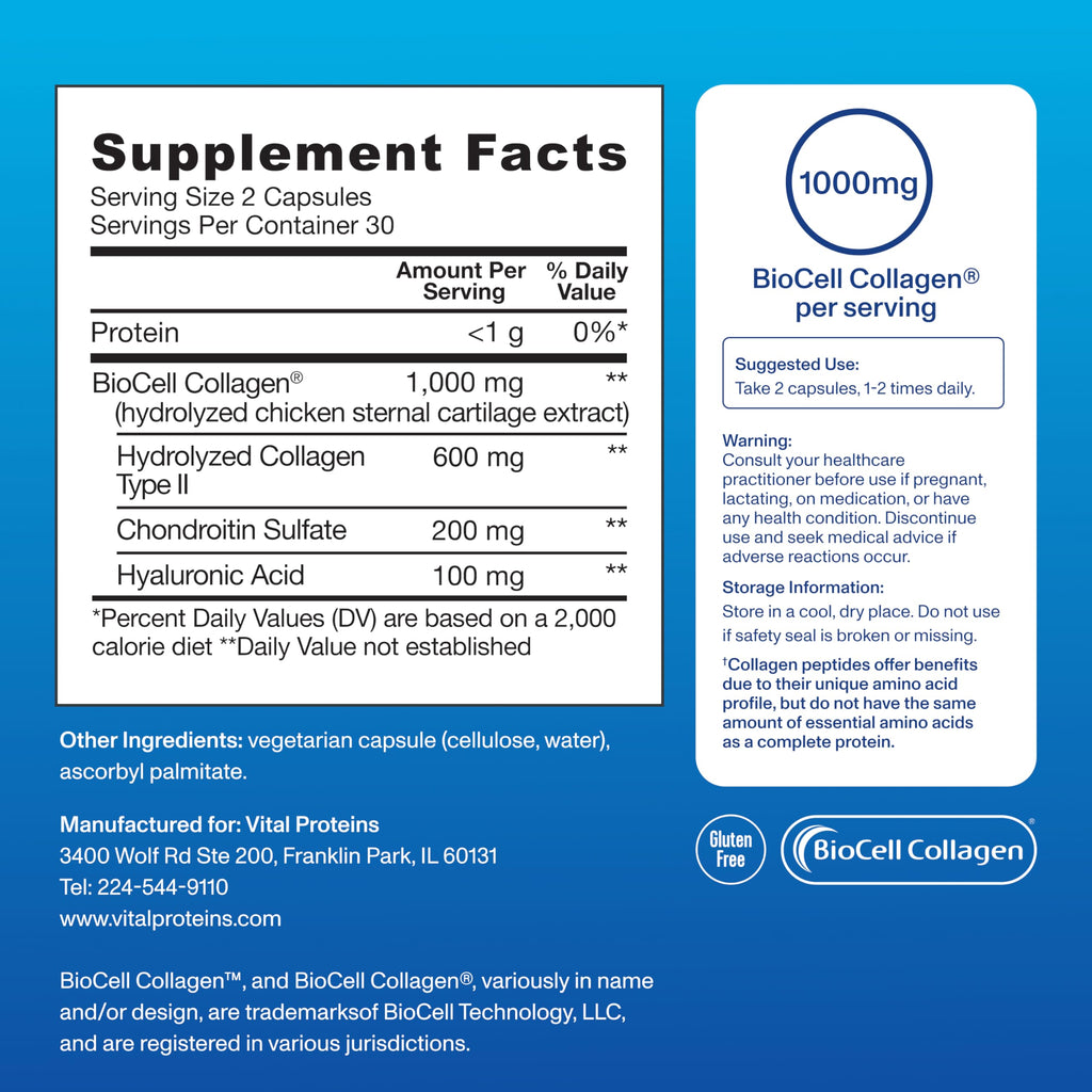 Vital Proteins Enhanced Collagen Complex 60 Capsules | BioCell Collagen®, Supports Skin Elasticity, Joint Health & Skin Appearance, 30 Servings