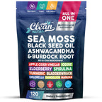 Clean Nutraceuticals Sea Moss Black Seed Oil Ashwagandha Turmeric Bladderwrack Burdock & Vitamin C Vitamin D3 with Elderberry Manuka Dandelion Yellow Dock Iodine Chlorophyll ACV
