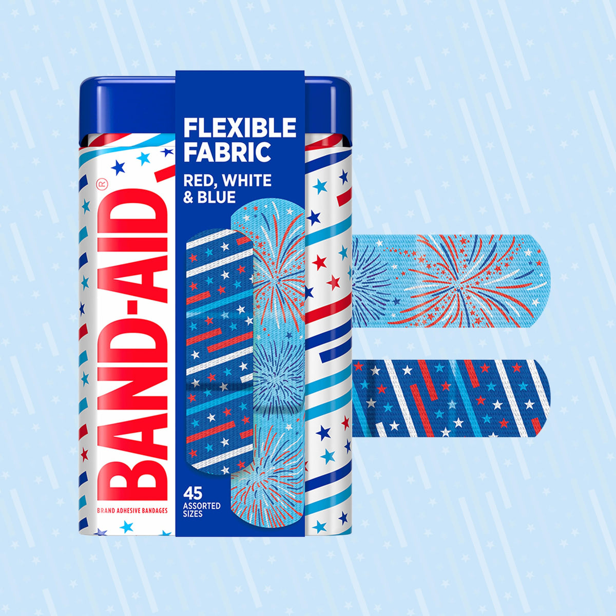 BAND-AID Brand Flexible Fabric Adhesive Bandages, Red, White & Blue, 45 Ct