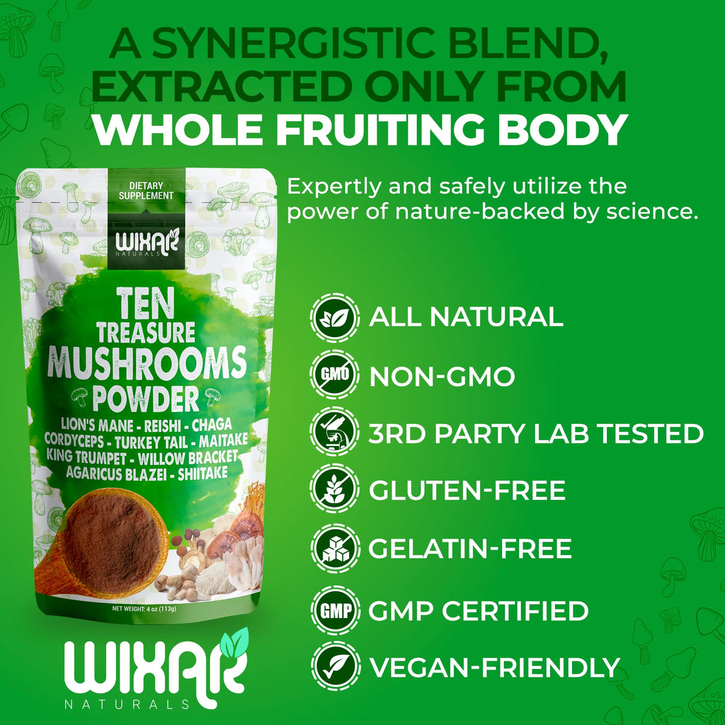 Wixar Mushroom Powder - Ten Treasure Mushrooms Extract Supplement 4oz