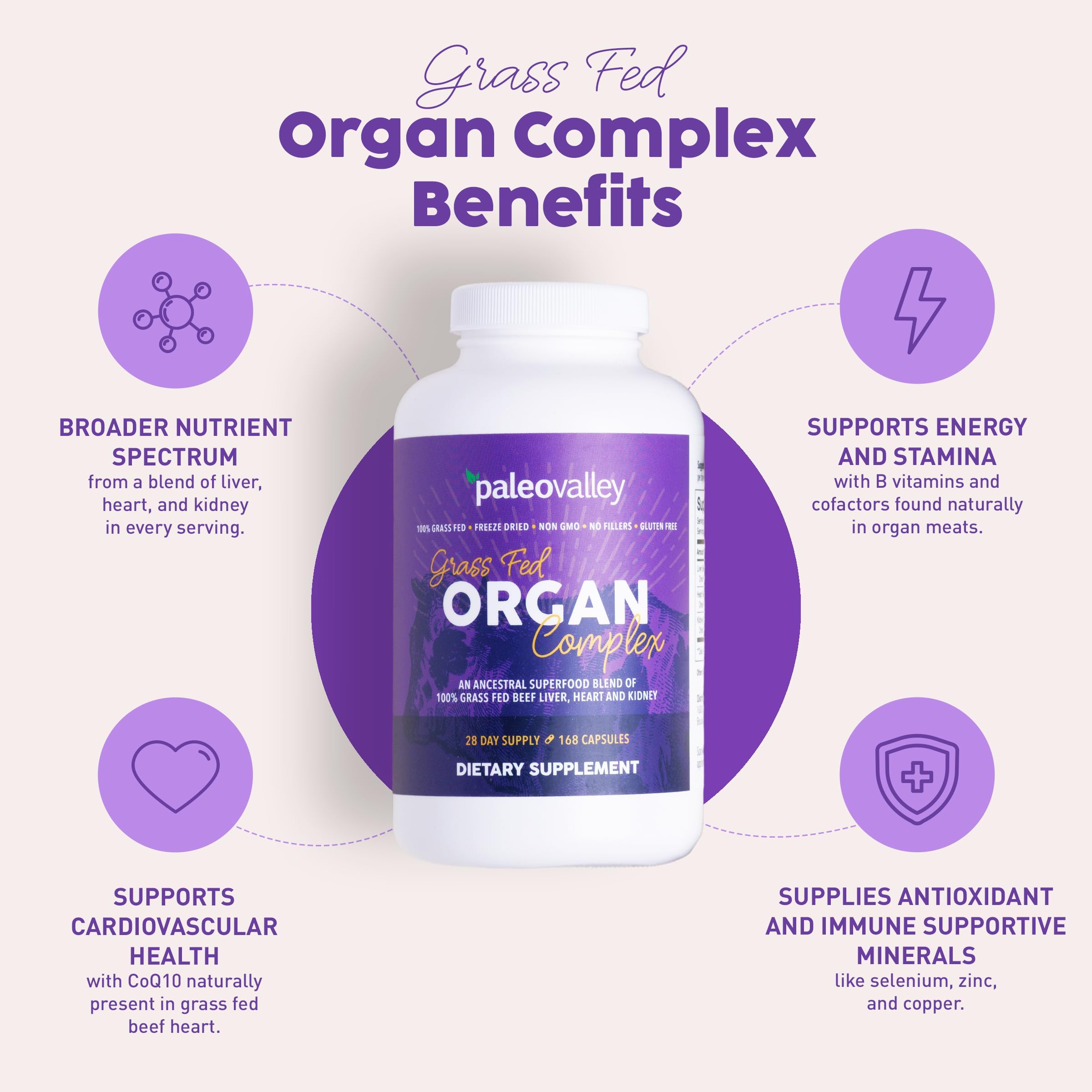 Paleovalley 100% Grass Fed Organ Complex, Beef Liver, Heart and Kidney | Whole Food Multivitamin, Vitamin B12 Supplement, Nutrient Dense Superfood, Freeze Dried, Pasture Raised, Ancestral Nutrition
