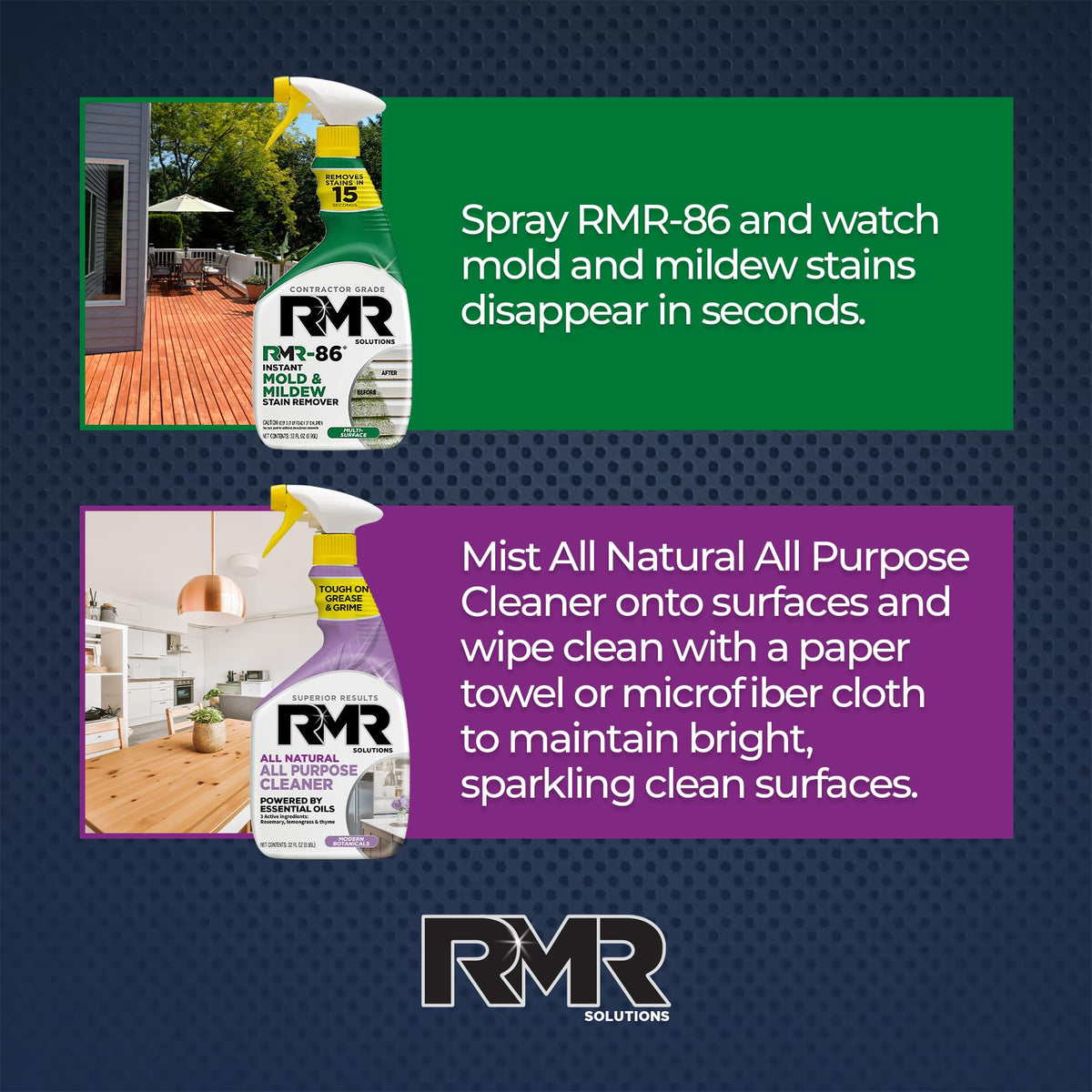 RMR Total Clean Team – Instant Stain Remover + All Natural All Purpose Cleaner, Indoor/Outdoor Cleaning Spray Kit for Kitchens, Bathrooms, Furniture, Siding, & Deck, 2–32 Oz Bottles