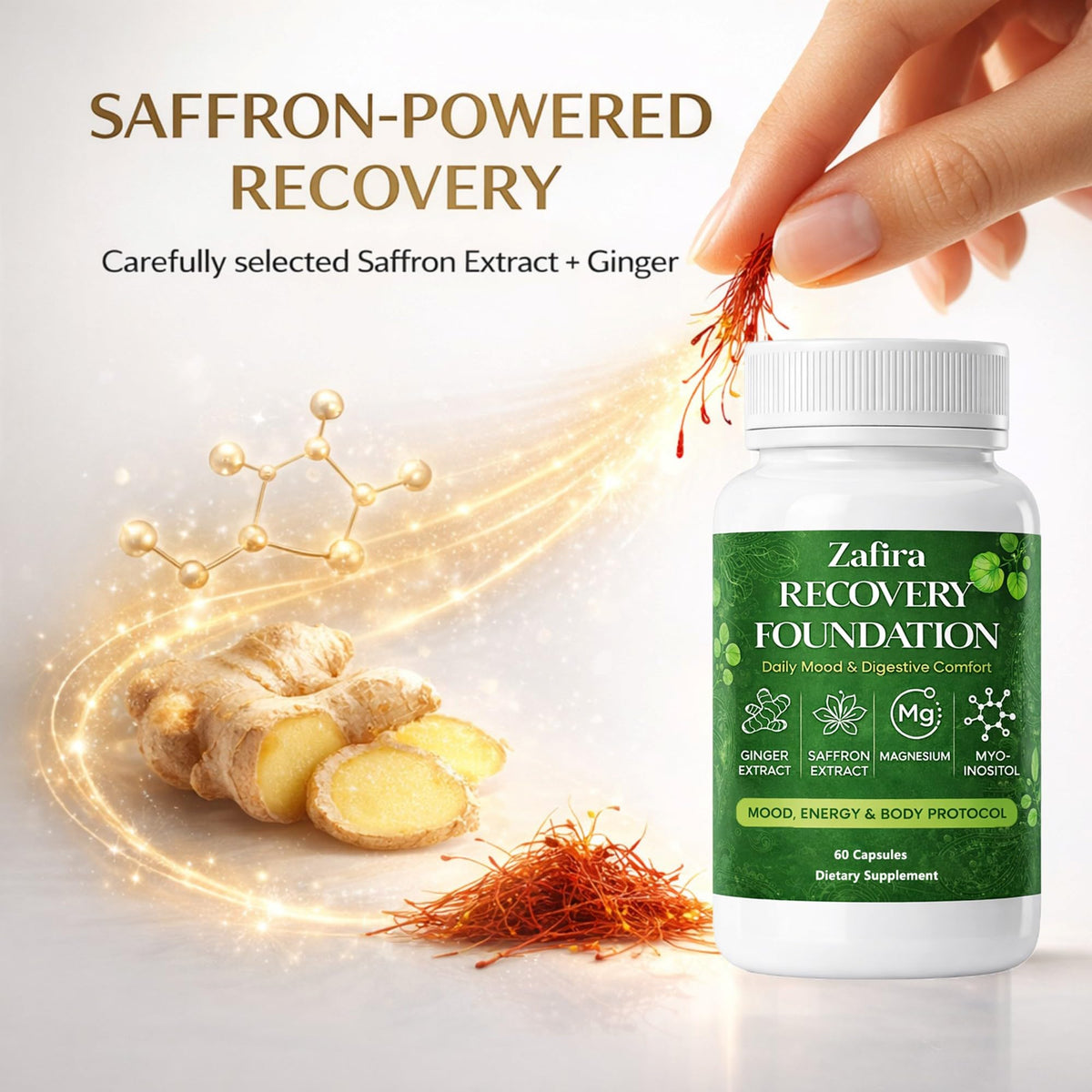 Zafira Organics Recovery Foundation Capsules – Mental Clarity, Hair & Mood Support, Natural Herbal Formula with Saffron Extract, Ginger Extract, L-Theanine, Myo-Inositol, Non-GMO, 60 Capsules