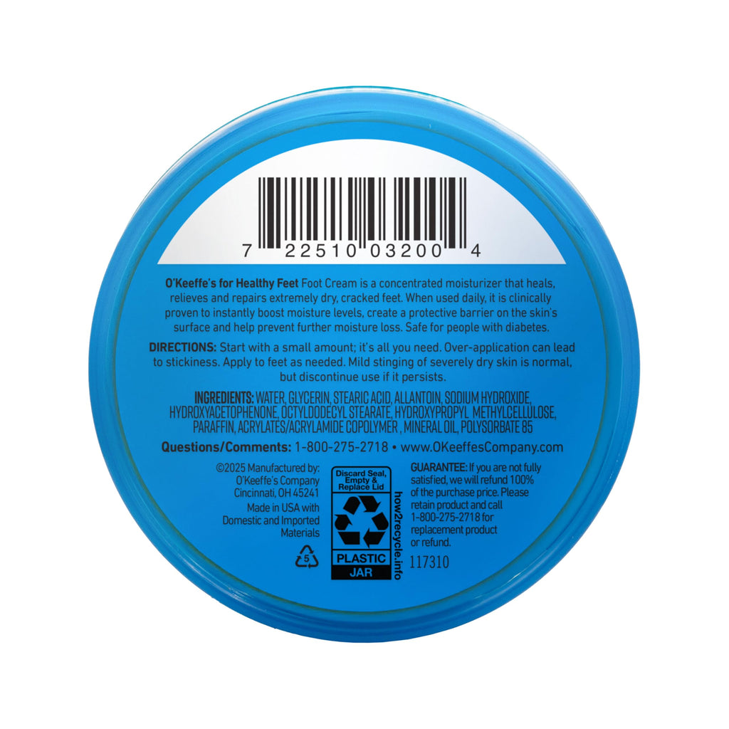 O'Keeffe's Healthy Feet Foot Cream, 3.2 oz Jar, 1-Pack For Extreme Dryness | Repairs Extremely Cracked, Dry Feet, Retains Moisture Levels, Hypoallergenic, Non-Greasy, Instantly Boosts Moisture