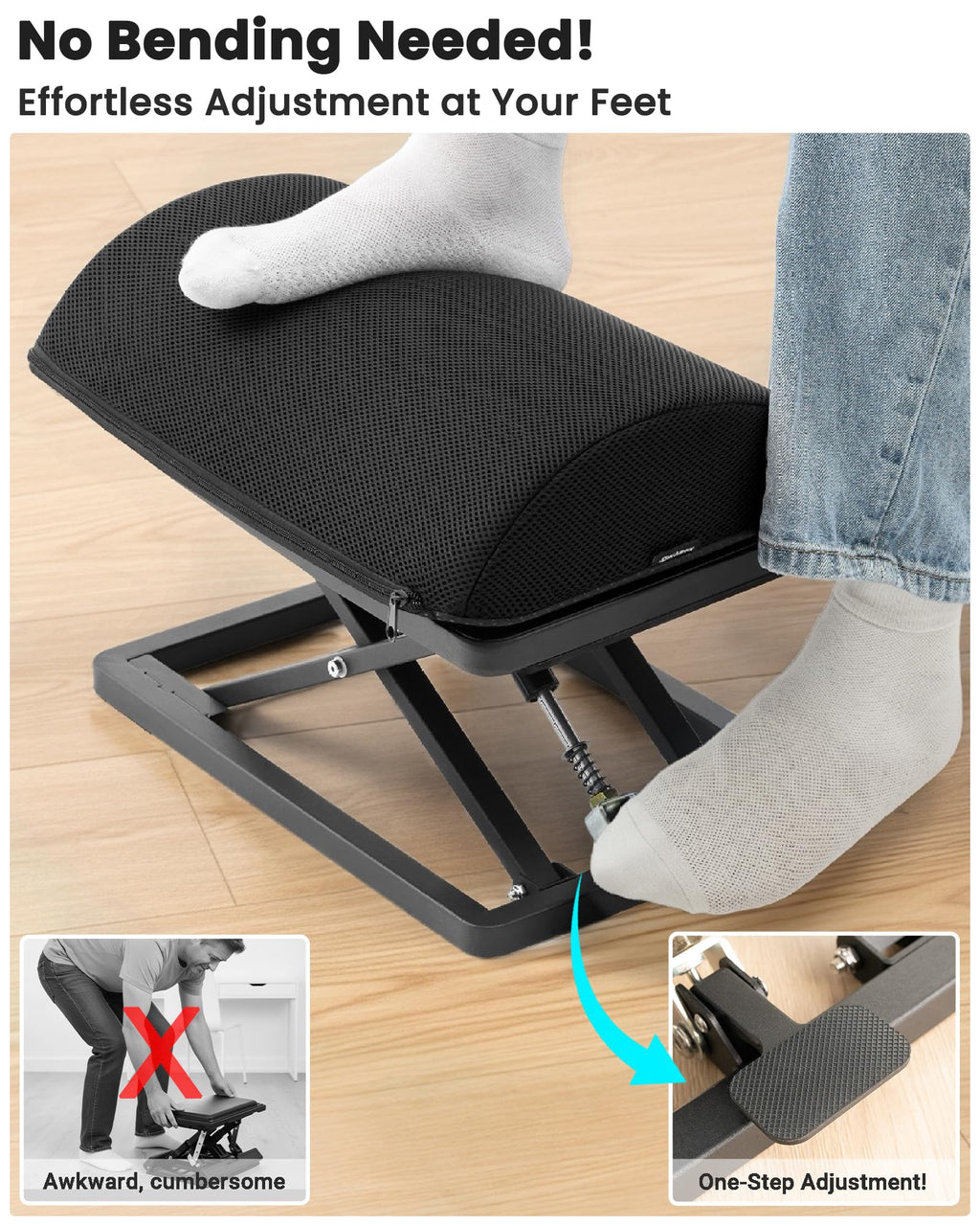 Step-to-Adjust Foot Rest—Truly Infinite Height, No Bending Needed