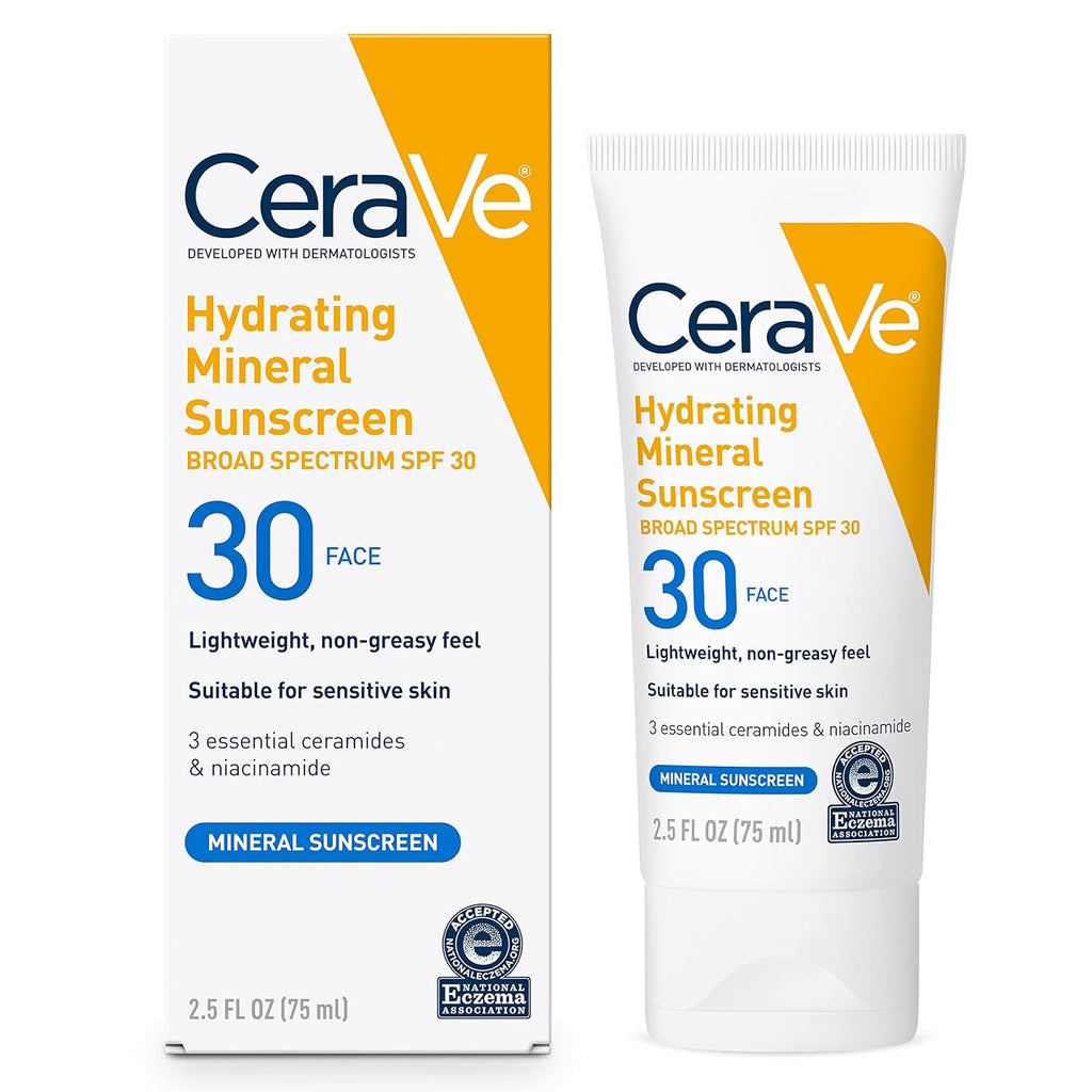 Buy now CeraVe 100% Mineral Sunscreen SPF 30, Face sunscreen With Zinc Oxide & Titanium Dioxide, Hyaluronic Acid + Niacinamide + Ceramides, Oil Free, Travel Size 2.5 oz at indiglob india