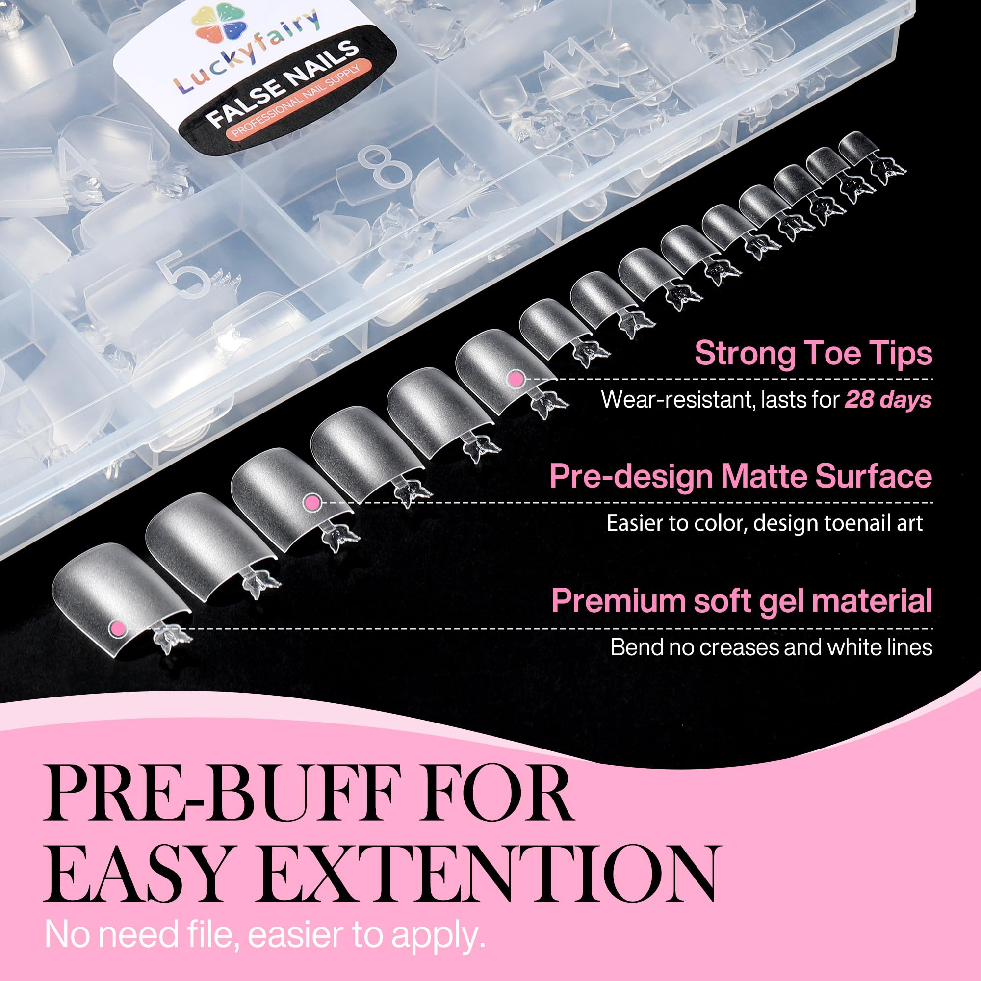 Luckyfairy Square Toe Nail Tips, 504Pcs 15 Sizes Full Cover Press On Toenails for Women, Long Wider Pre-etched Double Matte Fake Toenails for Big Toe Nail Extensions Home DIY Salon Soak Off