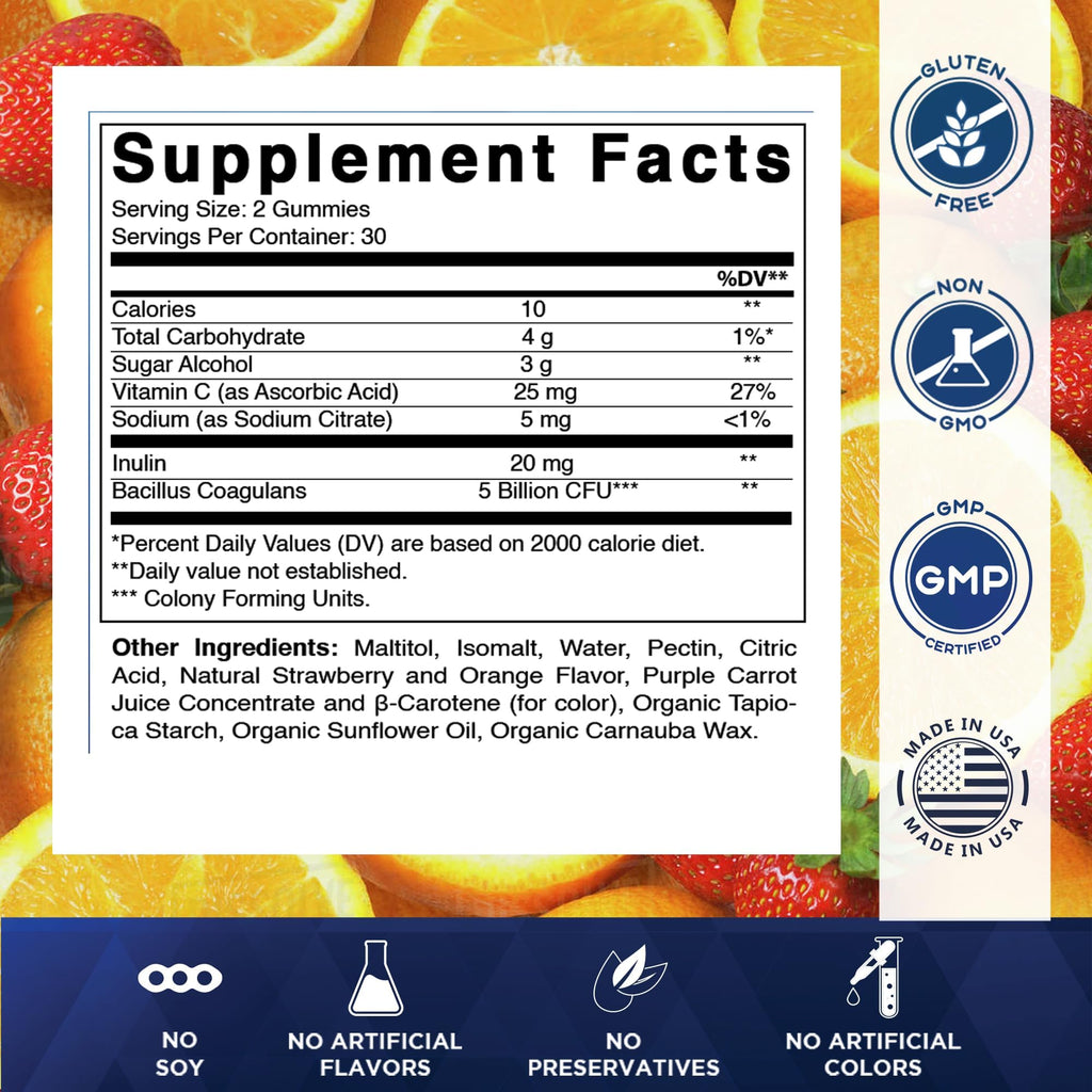 Vitamatic Sugar Free Probiotic + Prebiotic Gummies, 60 Count | 5 Billion CFU Bacillus Coagulans per serving, Support Digestive Health and Gut Flora Balance*, Non-GMO, Made in USA